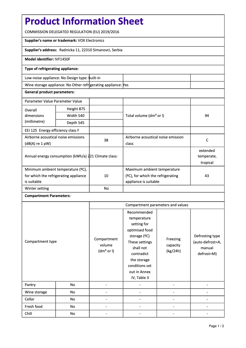 Página 1 del manual Ficha técnica VOX IVF1450F
