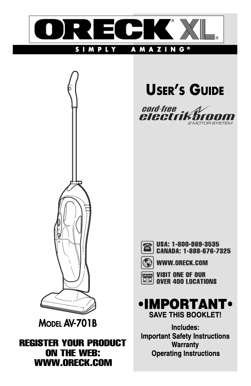 Page 1 de la notice Manuel utilisateur Oreck CordFree ElectrikBroom AV701