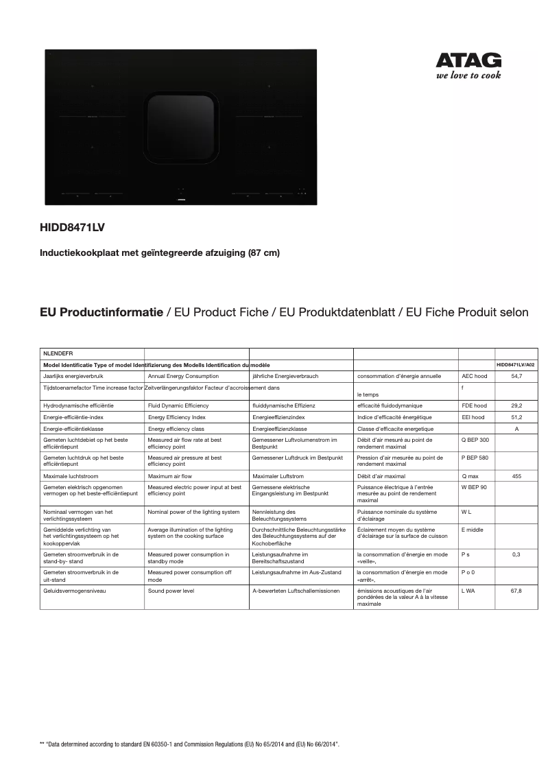 Page 1 de la notice Fiche technique Atag HIDD8471LV