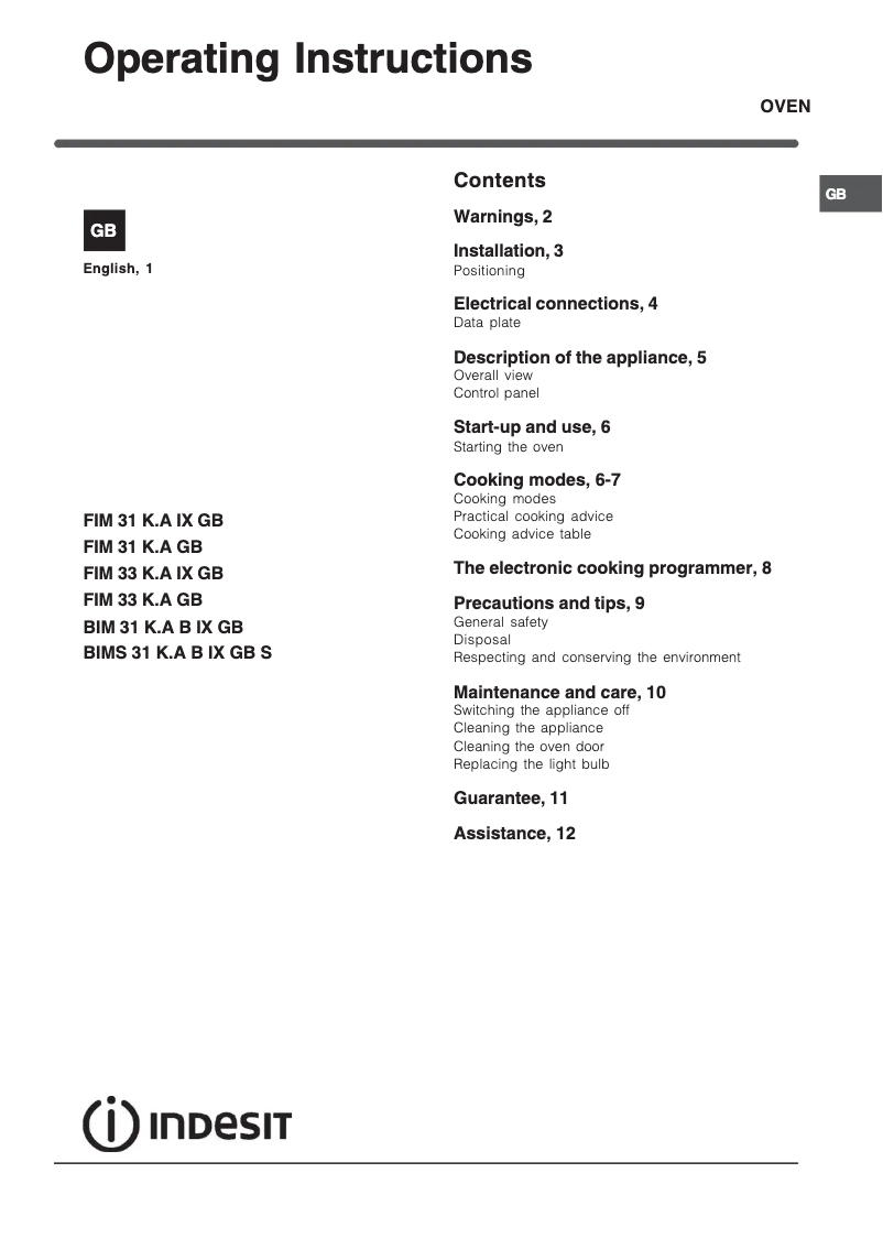 Page n°1 - Instructions / montage Indesit FIM 31 K.A (BK) GB