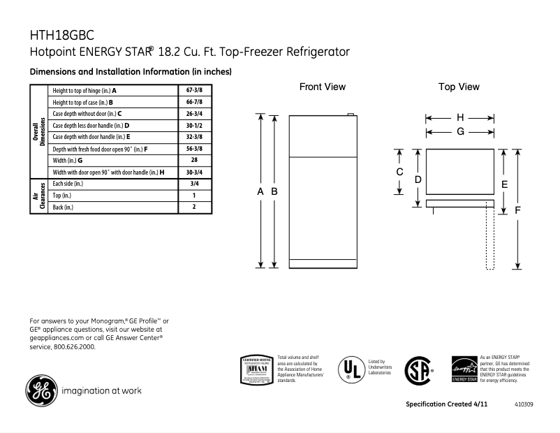 Página 1 del manual Ficha técnica GE HTH18GBCCC
