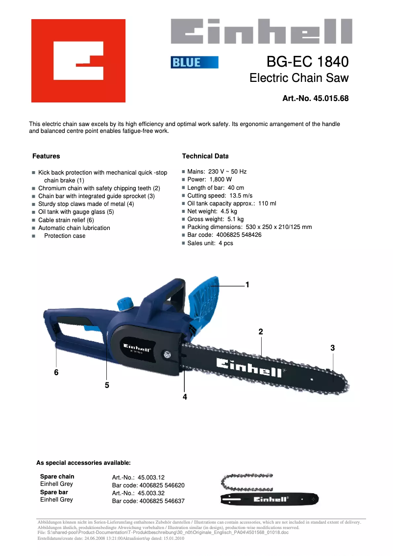 Page 1 de la notice Fiche technique Einhell BG-EC 1840