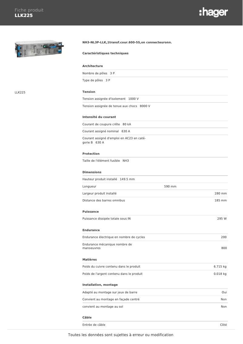 Page 1 de la notice Fiche technique Hager LLK225