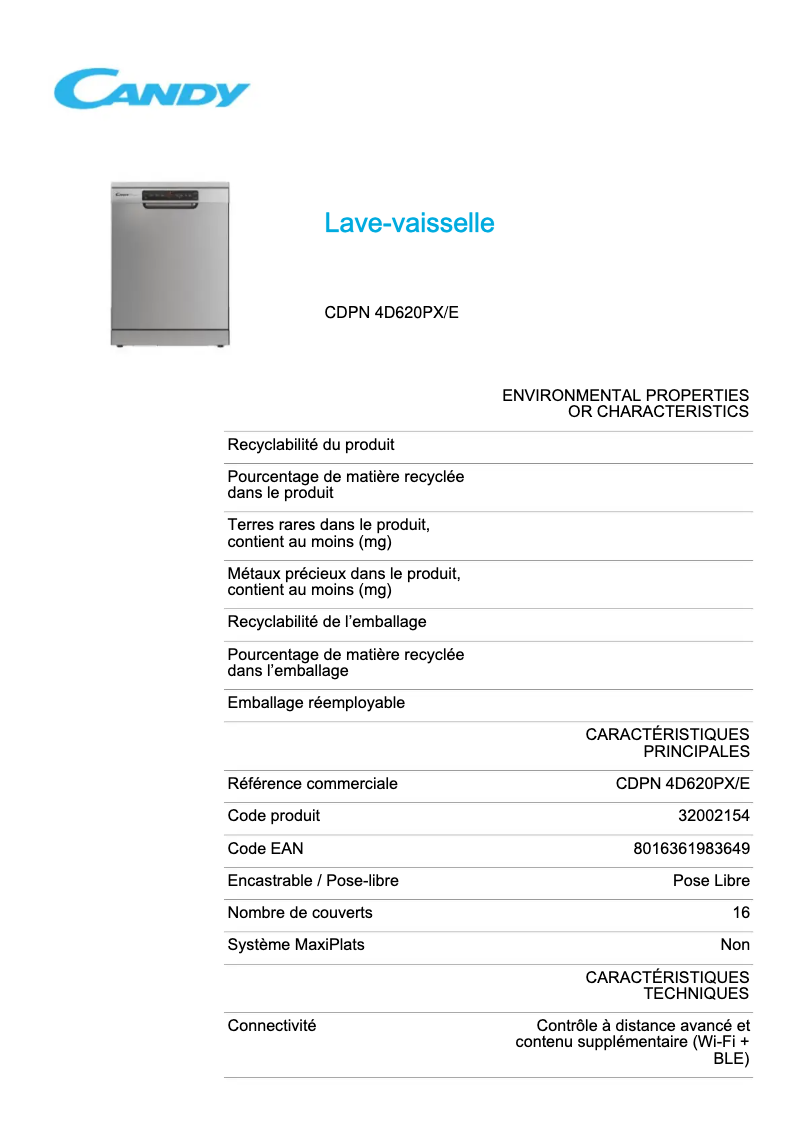Page 1 of the manual Technical Sheet Candy CDPN 4D620PX/E