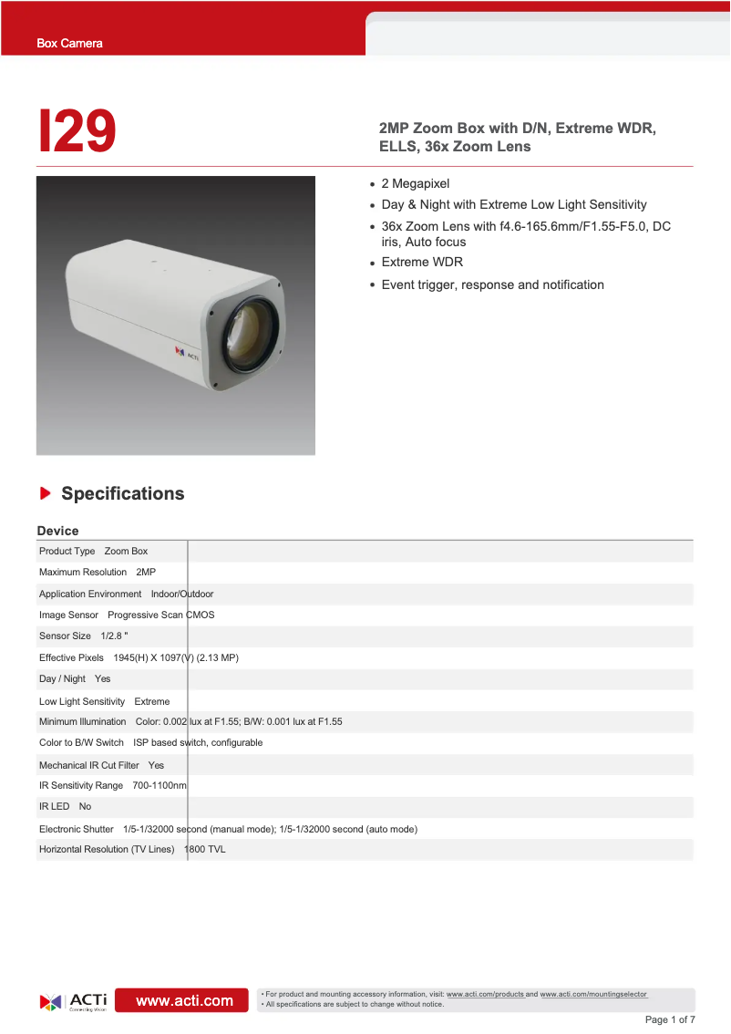 Page 1 de la notice Fiche technique ACTi I29