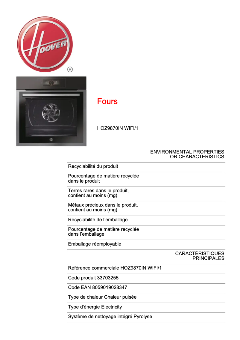 Página 1 del manual Ficha técnica Hoover HOZ9870IN WIFI/1