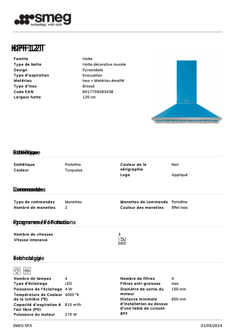 Page 1 de la notice Fiche technique Smeg KPF12T
