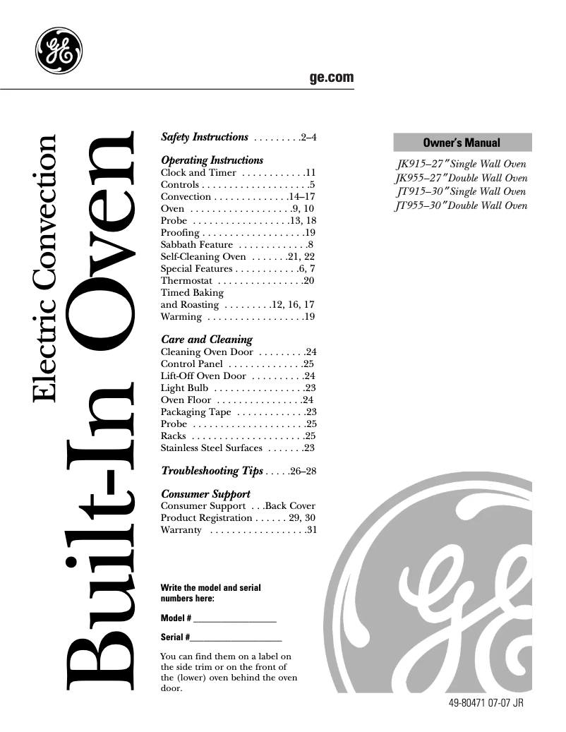 Page n°1 - Manuel utilisateur GE JK955CFCC