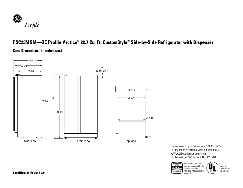 Page 1 de la notice Fiche technique GE PSC23MGMCC