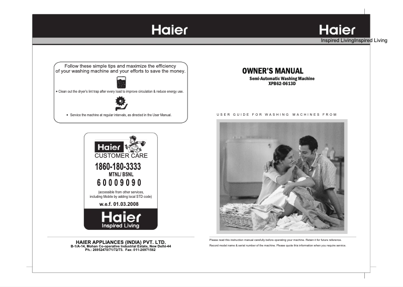 Page 1 de la notice Manuel utilisateur Haier XPB62-0613D