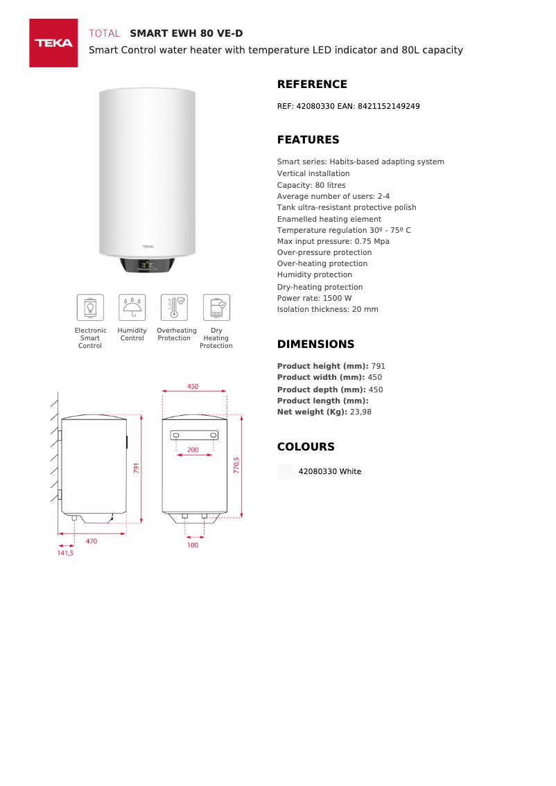 Page 1 de la notice Fiche technique Teka EWH 80 VE-D