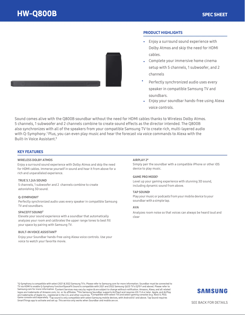 Page 1 de la notice Fiche technique Samsung HW-Q800B