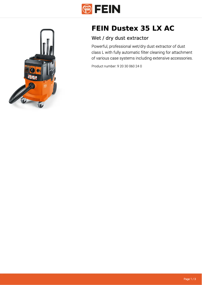 Page 1 de la notice Fiche technique Fein Dustex 35 LX AC