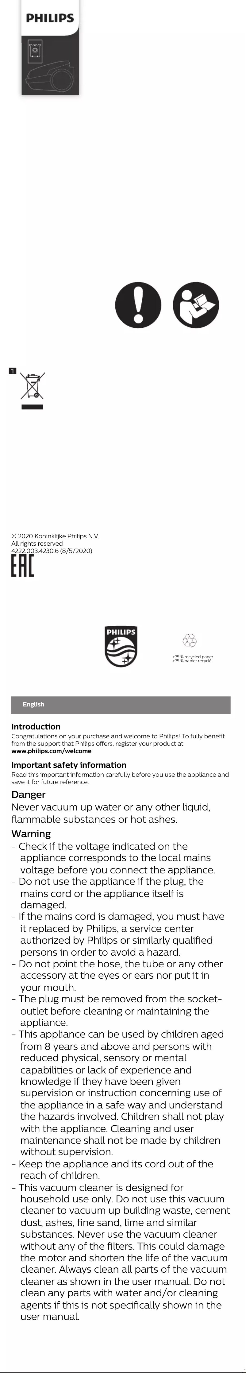 Page 1 of the manual User Manual Philips Performer Active FC8585