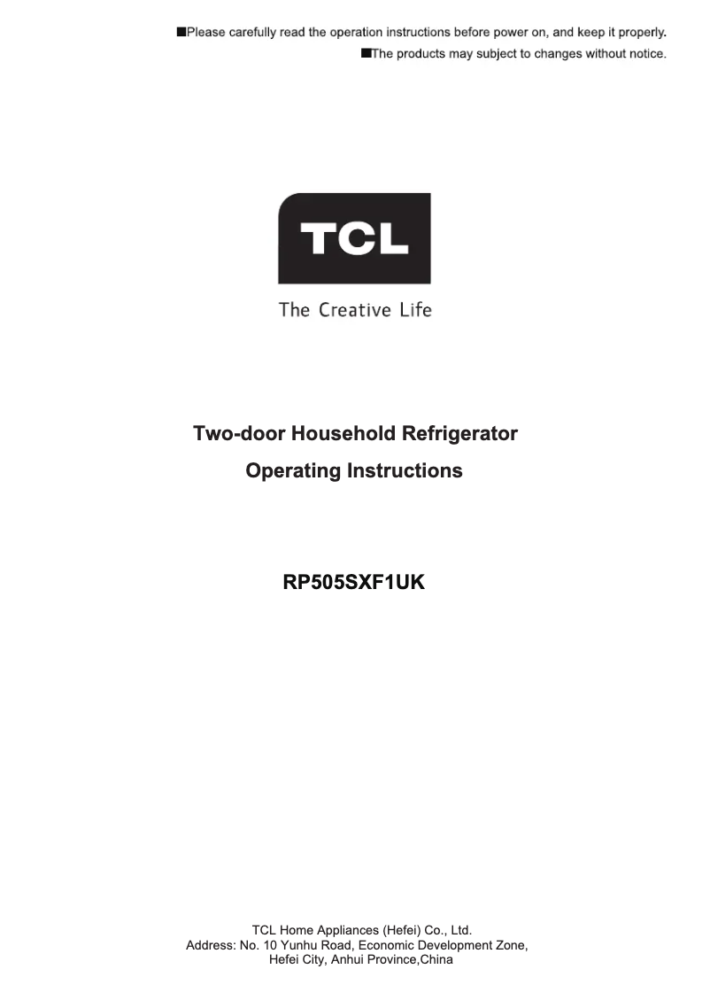Page 1 of the manual User Manual TCL RP505SXF1UK