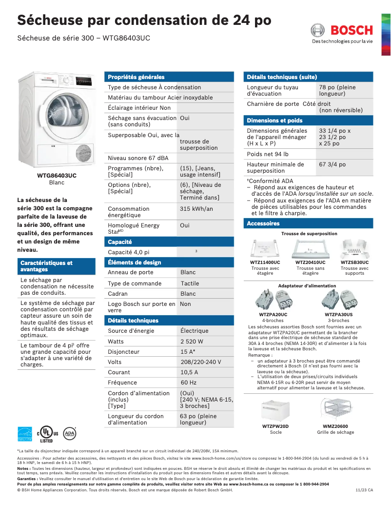 Page 1 of the manual Technical Sheet Bosch WTG86403UC