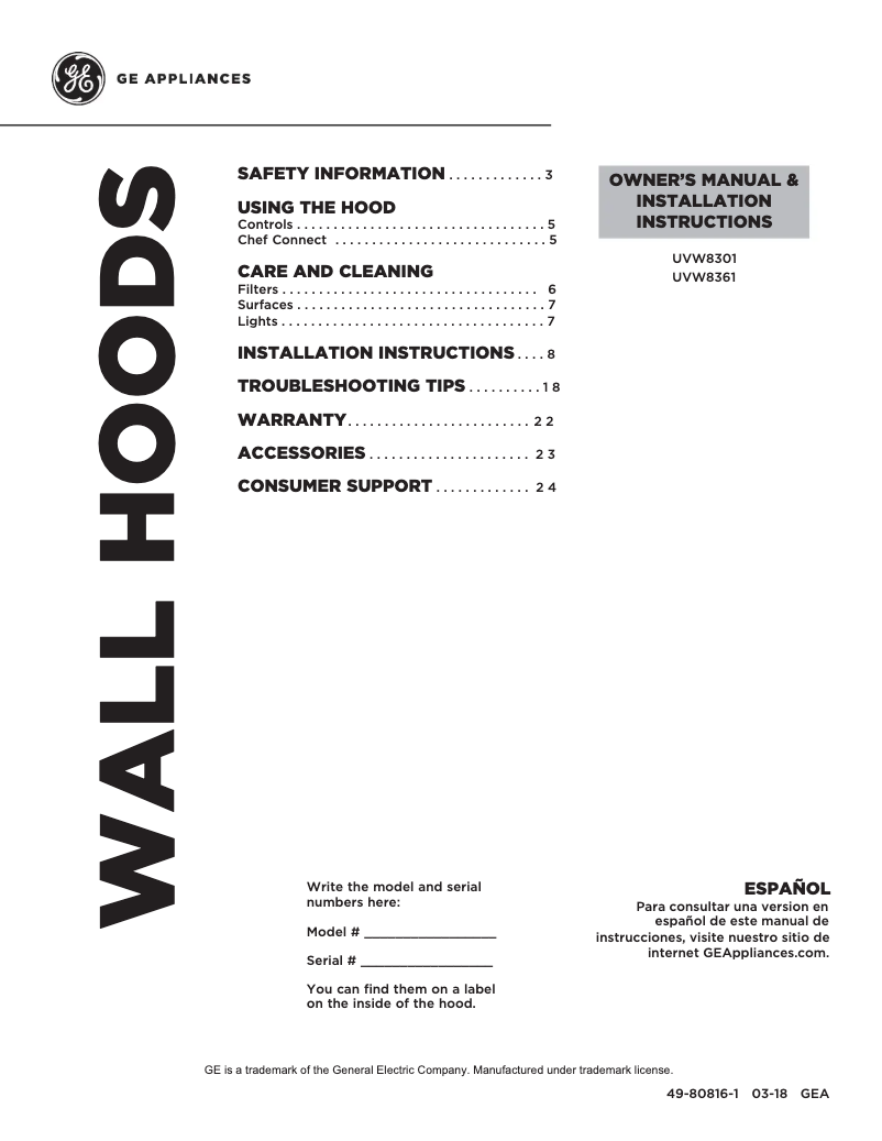 Page n°1 - Mode d'emploi GE UVW8361SLSS