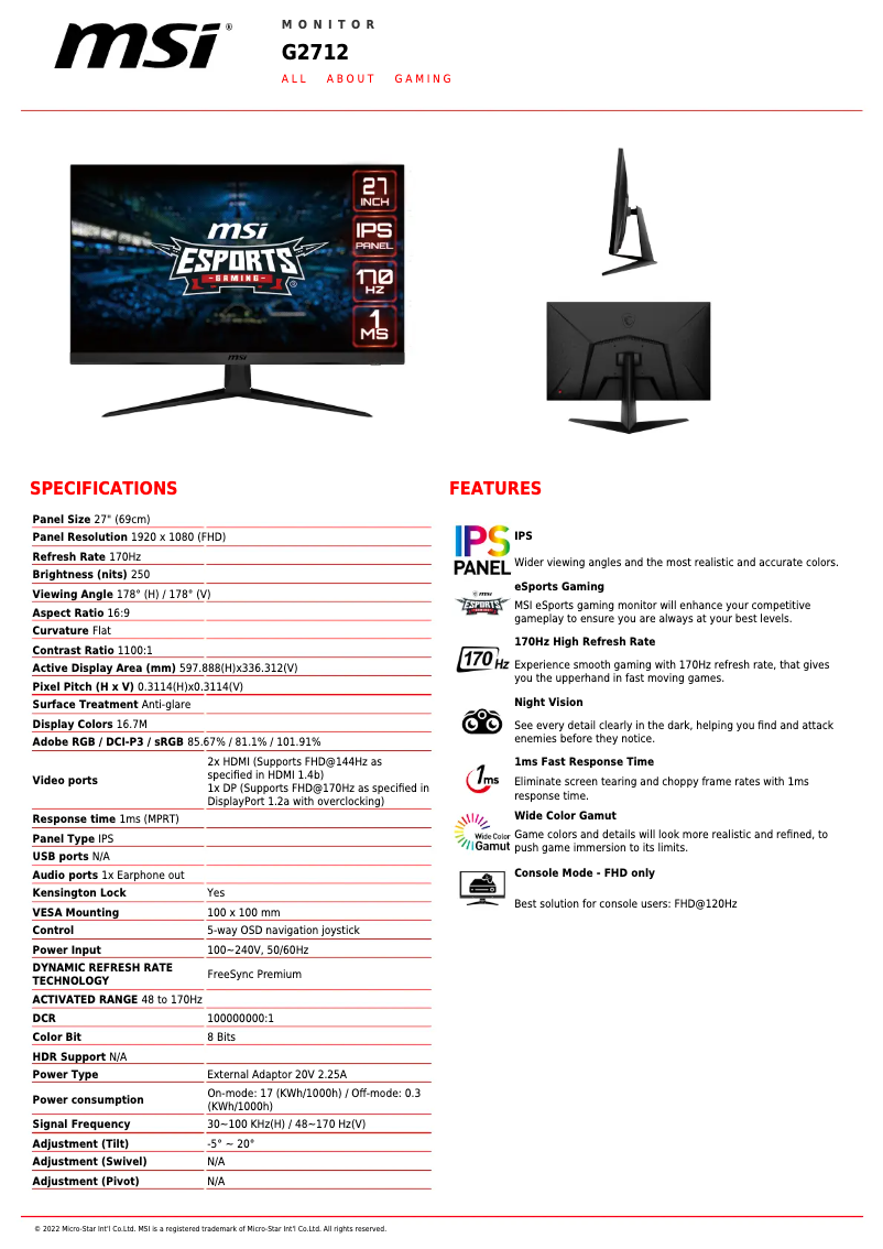 Page 1 of the manual Technical Sheet MSI Optix G2712