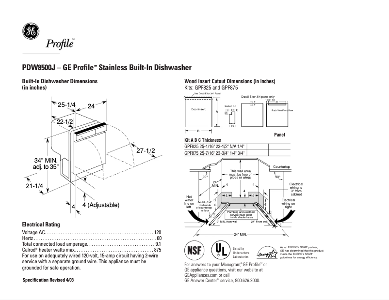 Page n°1 - Fiche technique GE Profile PDW8500JWW