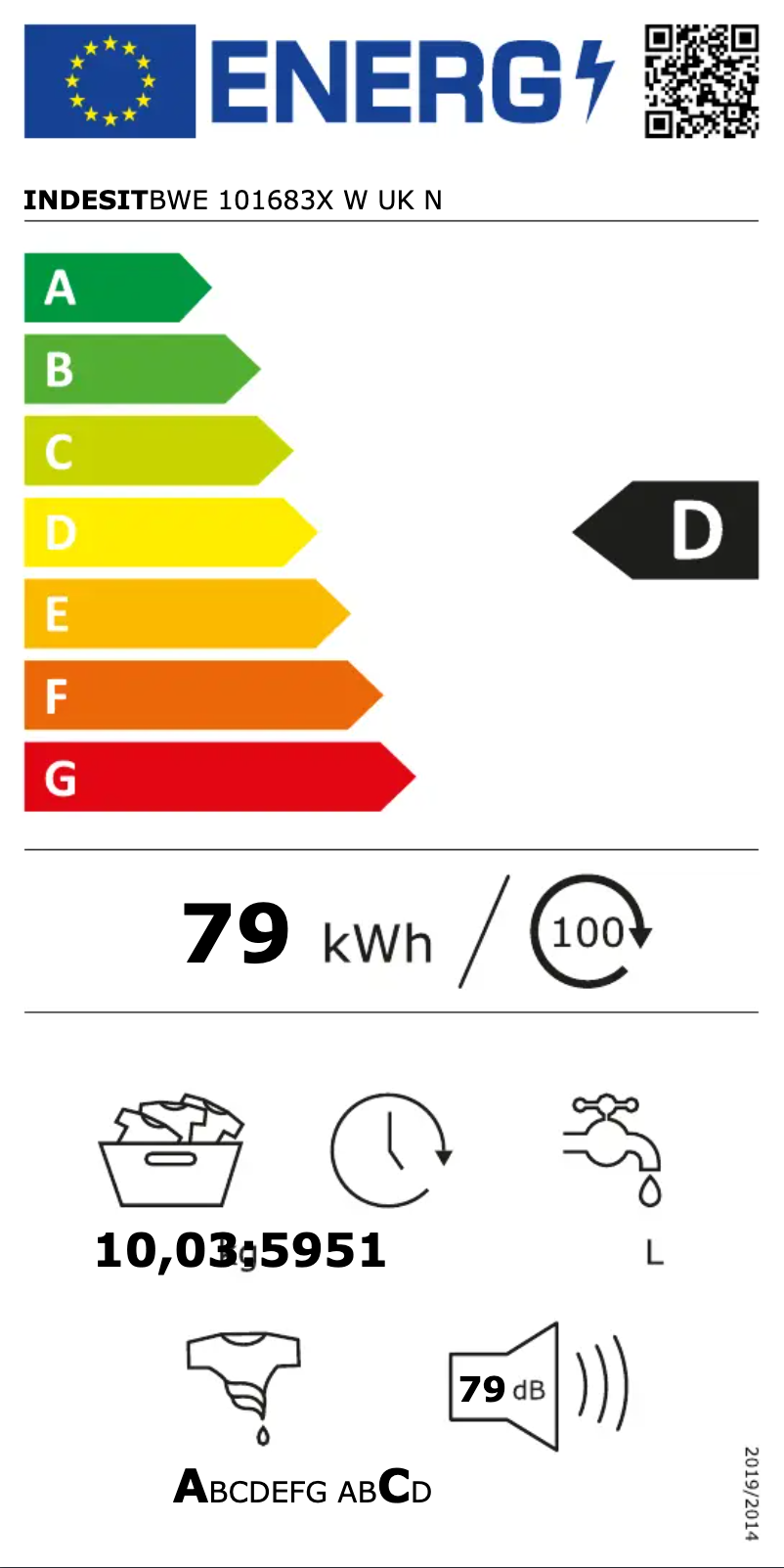 Page 1 de la notice Label énergétique Indesit BWE 101683X W UK N