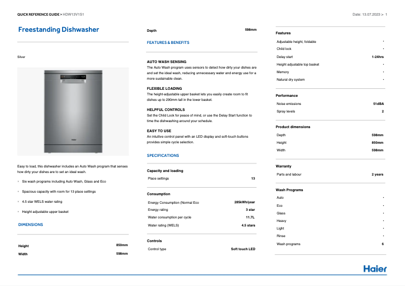 Página 1 del manual Etiqueta energética Haier HDW13V1S1