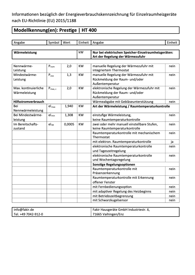 Page 1 de la notice Label énergétique Fakir Prestige HT 400