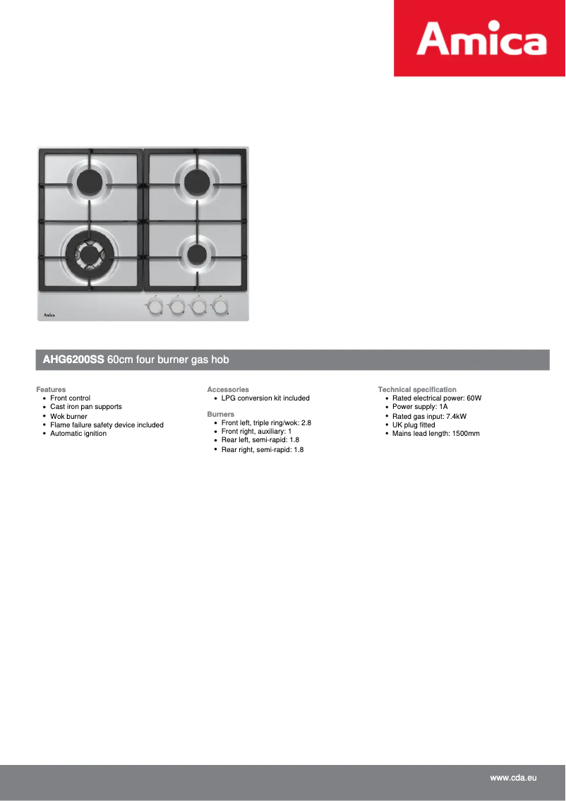 Page 1 de la notice Fiche technique Amica AHG6200SS