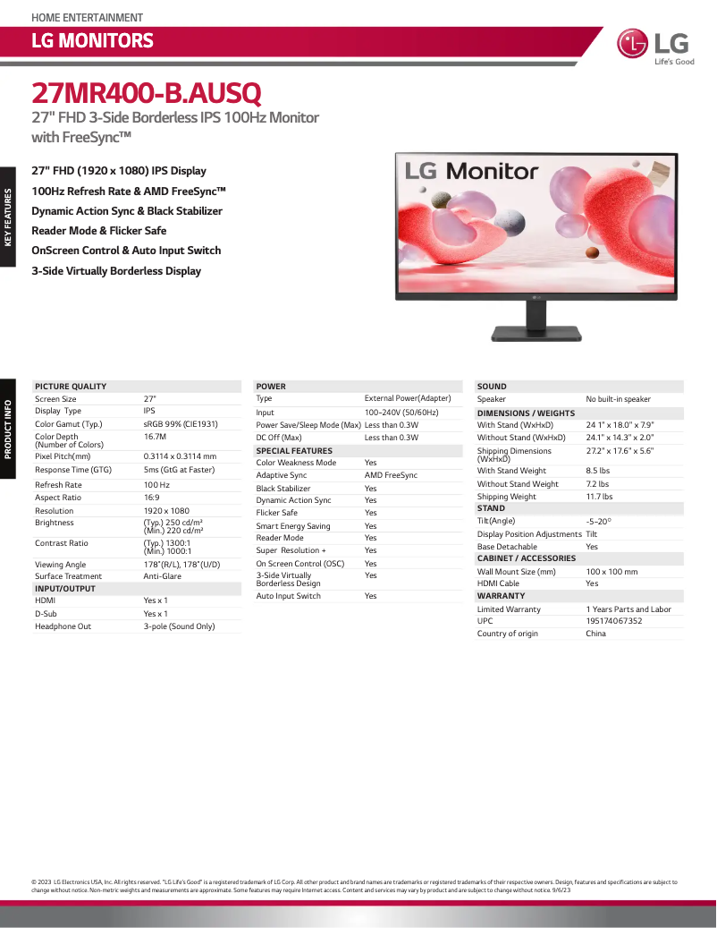 Page 1 de la notice Fiche technique LG 27MR400