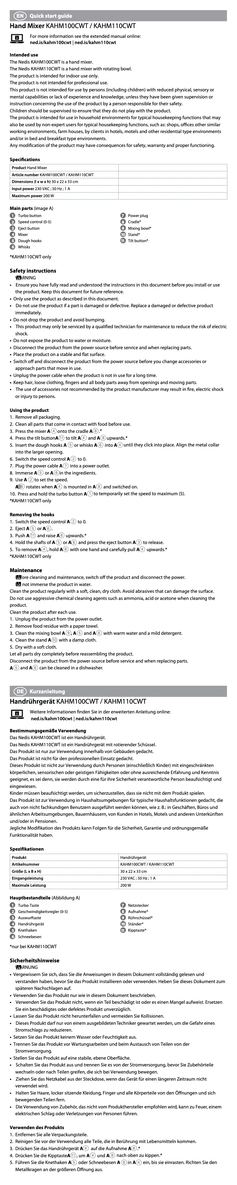 Page 1 de la notice Manuel utilisateur Nedis KAHM100CWT