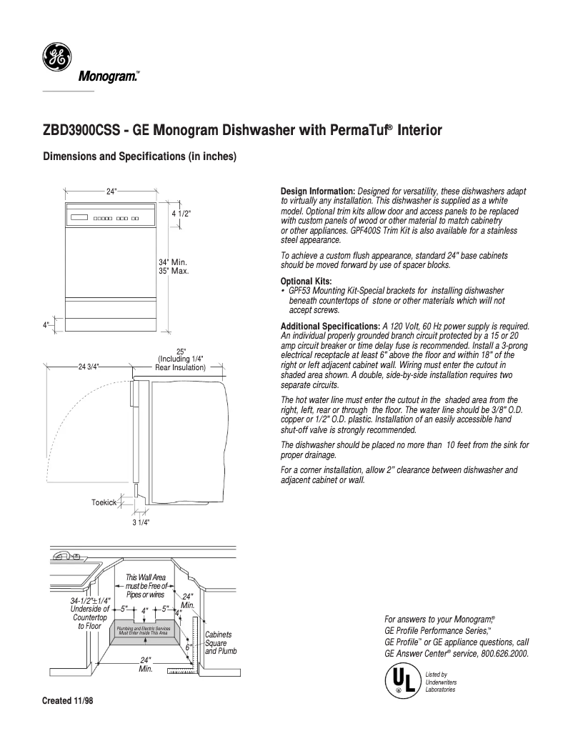 Página 1 del manual Ficha técnica GE ZBD3900CSS