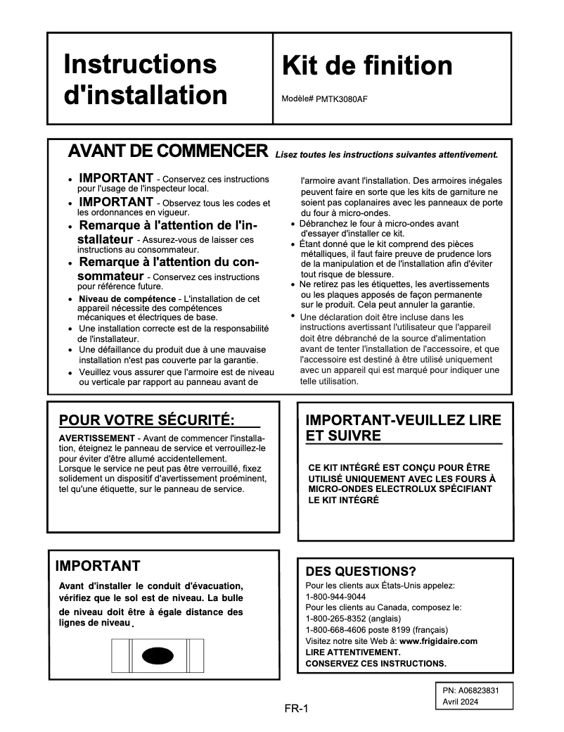 Page 1 de la notice Guide d'installation Frigidaire PMBS3080BF