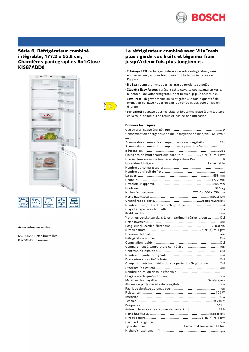 Page 1 de la notice Fiche technique Bosch KIS87ADD0