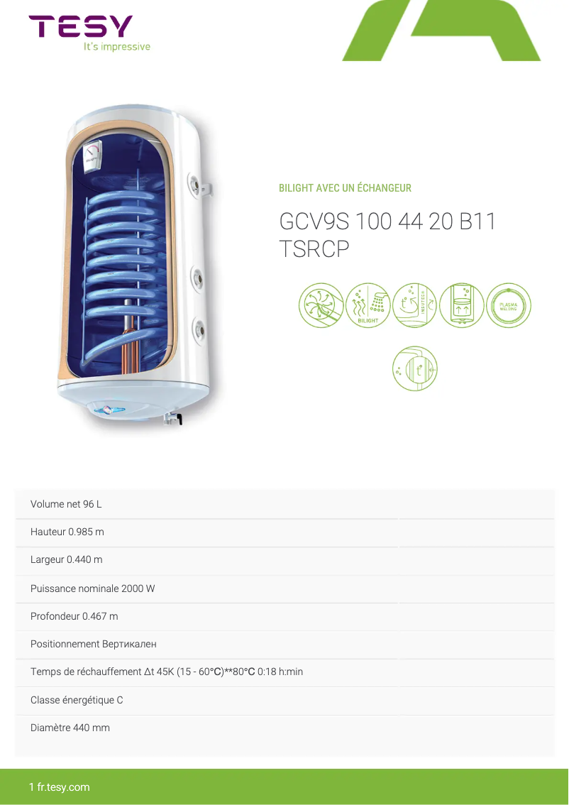 Page 1 of the manual Technical Sheet Tesy BiLight 100 S