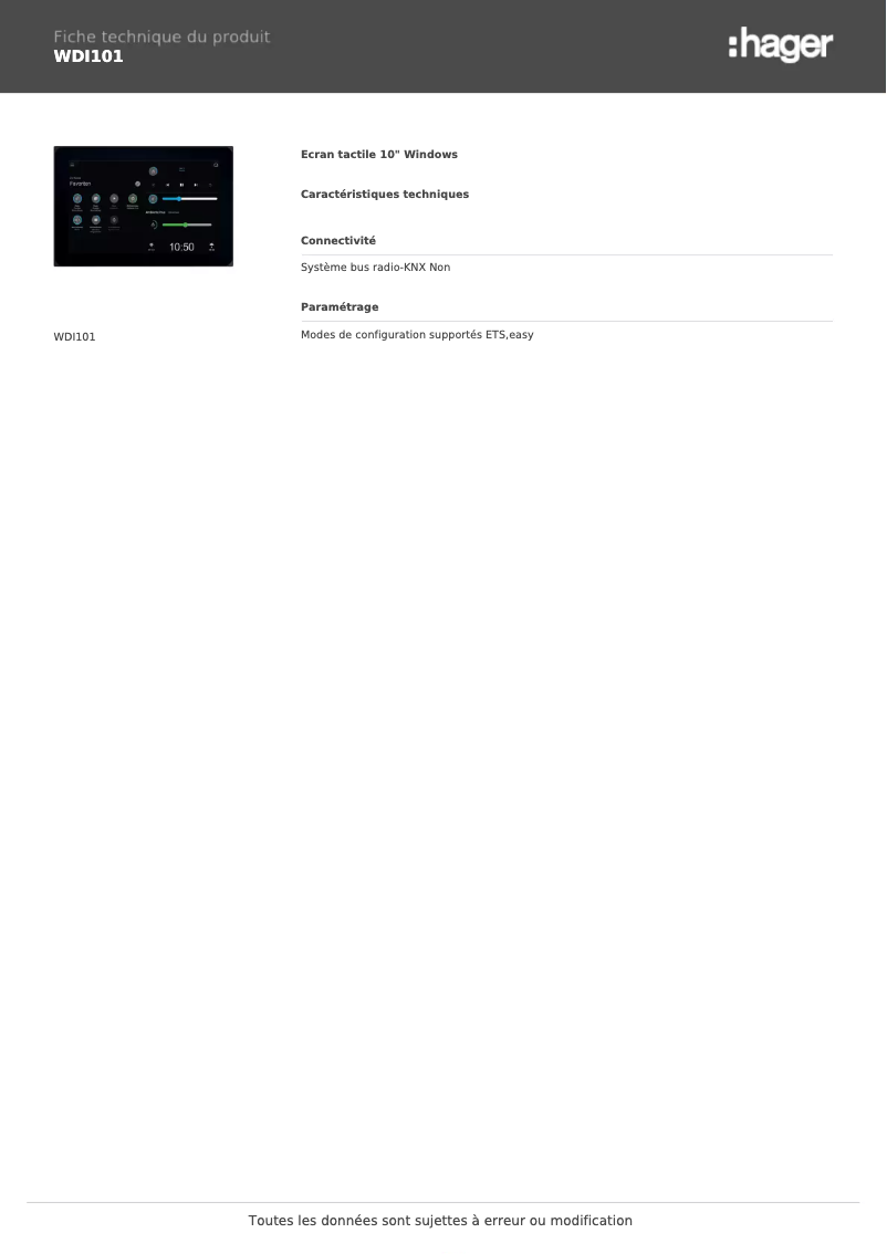 Page 1 de la notice Fiche technique Hager WDI101