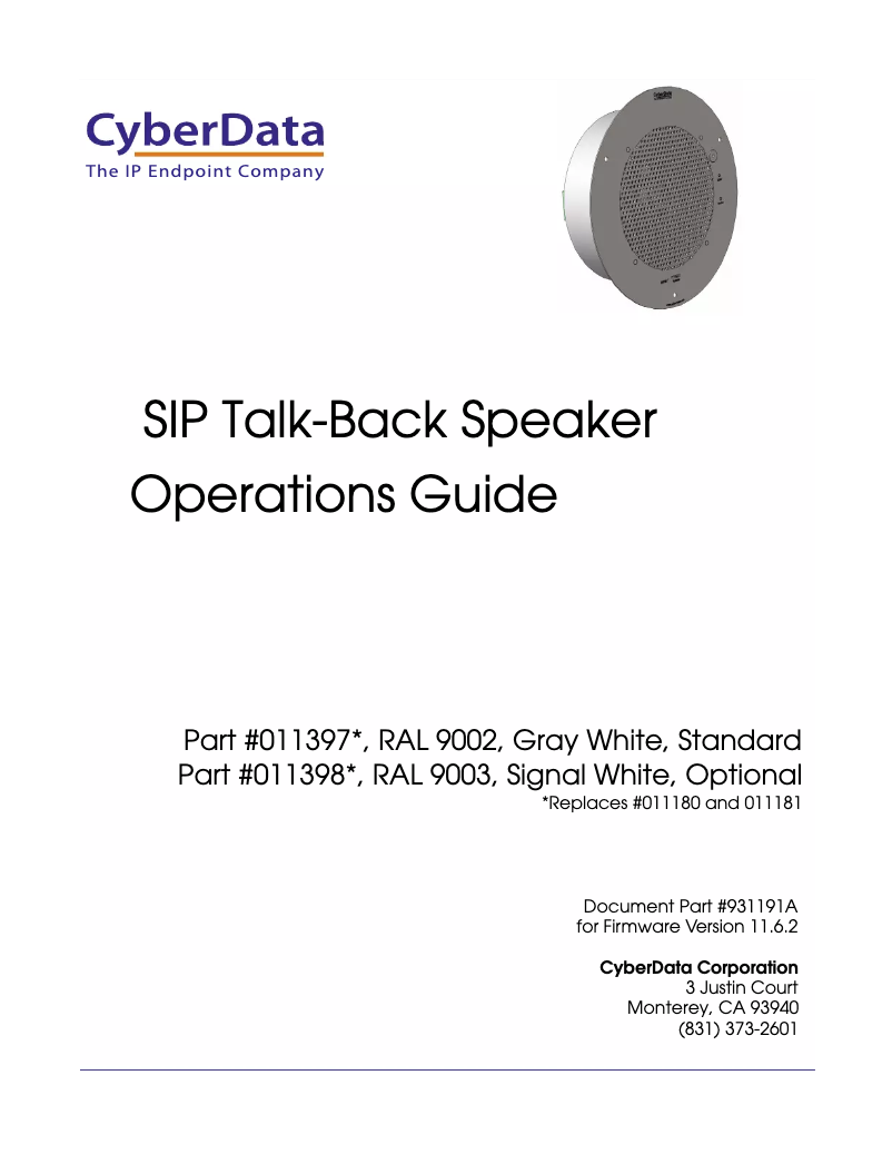 Page 1 de la notice Manuel utilisateur CyberData Systems SIP 011398