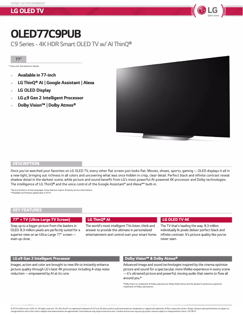Page 1 of the manual Technical Sheet LG OLED77C9PUB