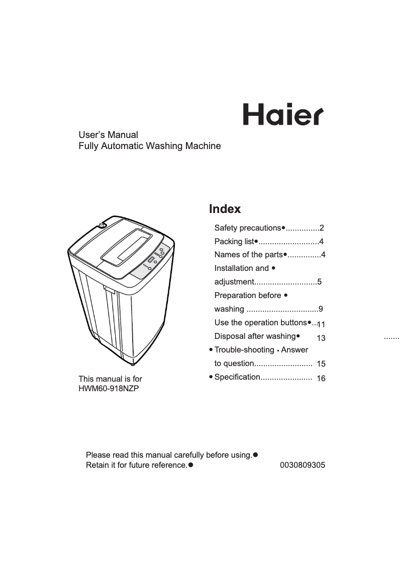 Page 1 de la notice Manuel utilisateur Haier HWM60-918NZP