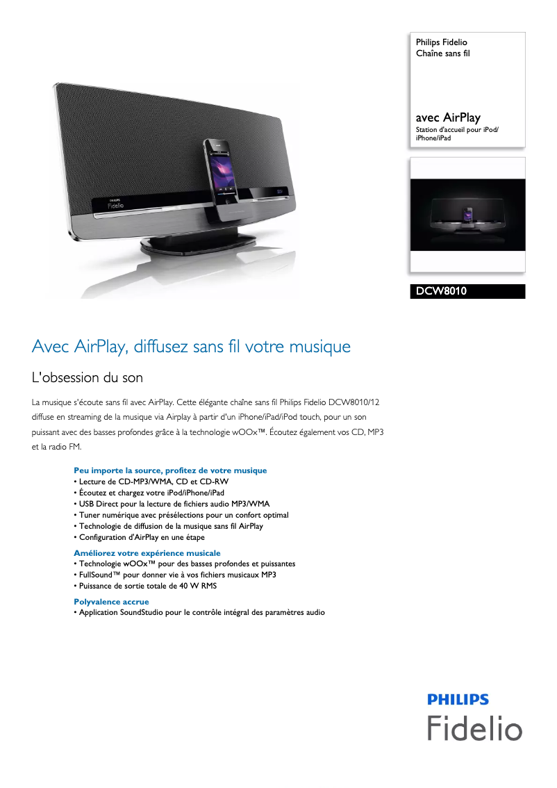 Página 1 del manual Ficha técnica Philips Fidelio DCW8010