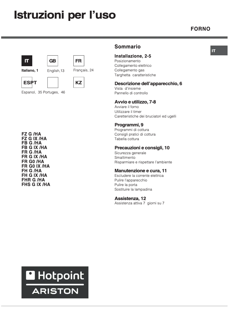 Page 1 de la notice Manuel utilisateur Hotpoint Ariston FZ G IX /HA