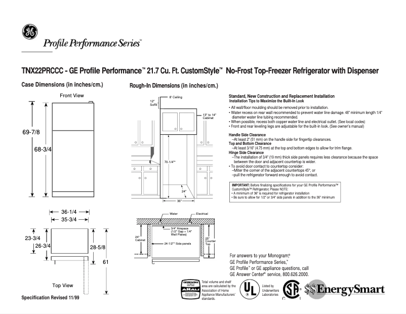 Page n°1 - Fiche technique GE Profile Performance TNX22PRCRCC