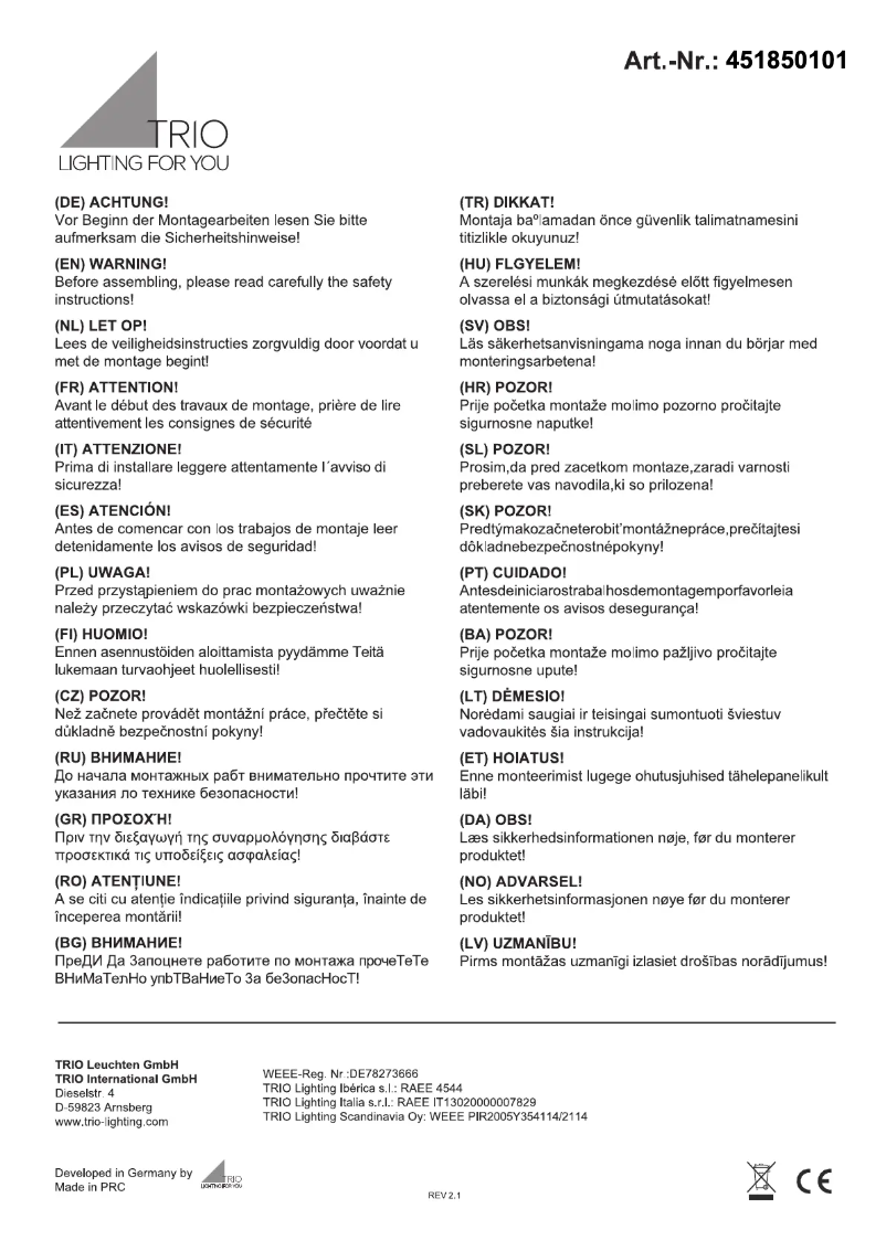 Page 1 de la notice Manuel utilisateur Trio Lighting Pantilon 451850101
