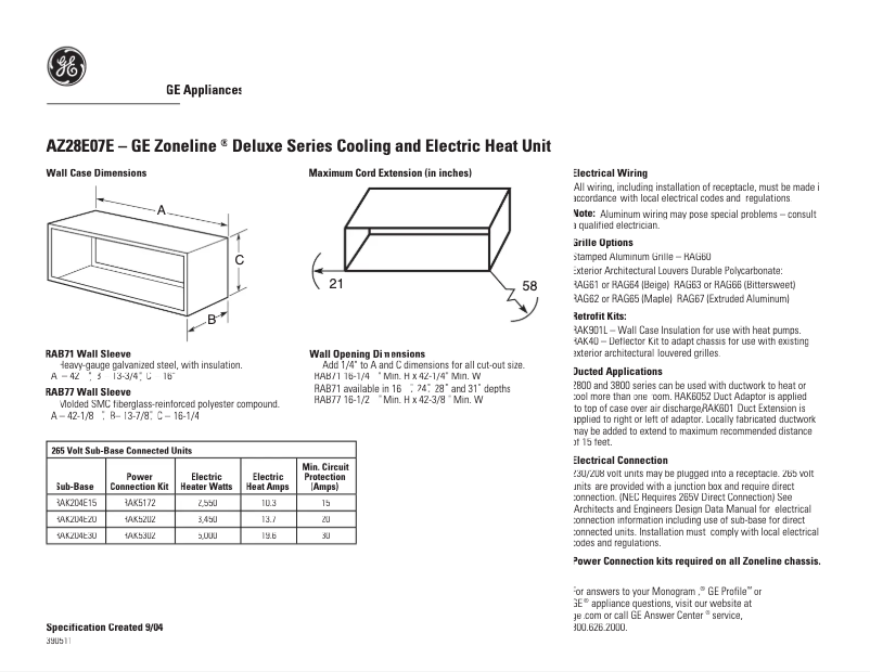 Page 1 de la notice Fiche technique GE AZ28E07EAB