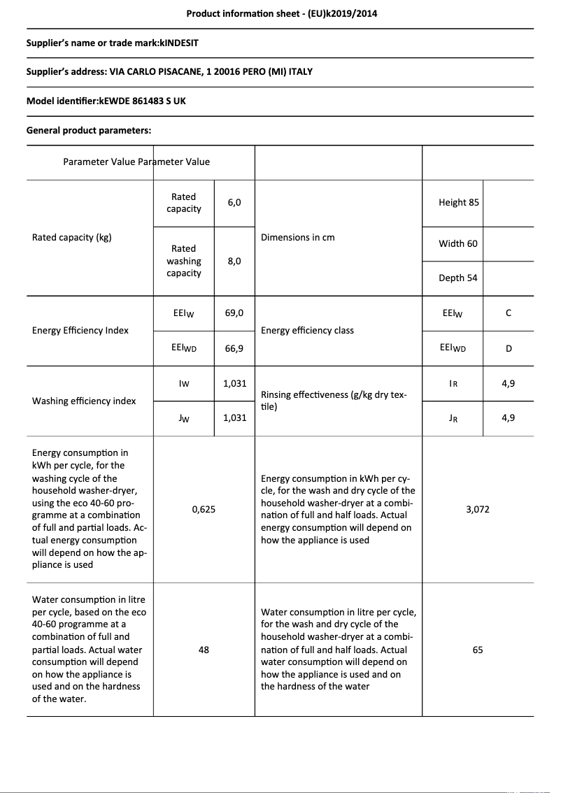 Page 1 de la notice Fiche technique Indesit EWDE 861483 S UK