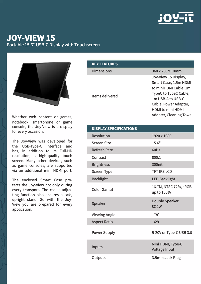 Página 1 del manual Ficha técnica Joy-It View 15