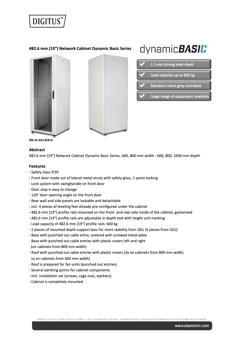 Page 1 de la notice Fiche technique Digitus DN-19 26U-6/6-D