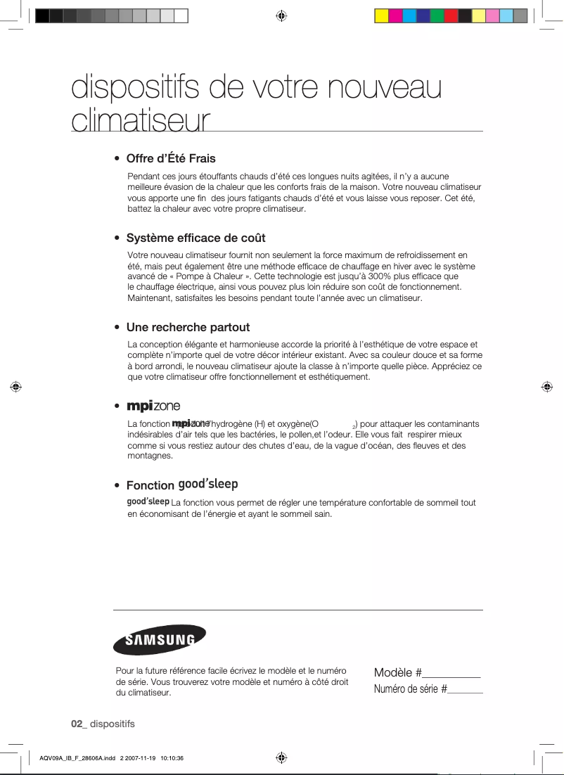 Page 1 de la notice Manuel utilisateur Samsung AQV12AWAX