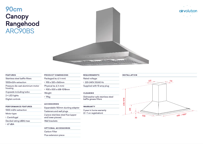 Page 1 de la notice Fiche technique Airvolution ARC90BS