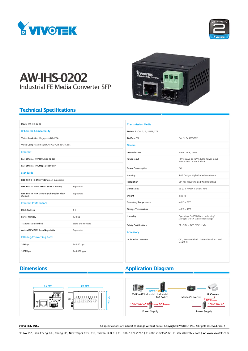Page 1 de la notice Fiche technique Vivotek AW-IHS-0202