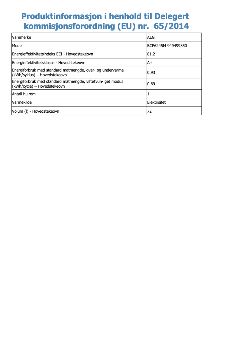 Page 1 de la notice Fiche technique AEG SteamBake BCP6245M