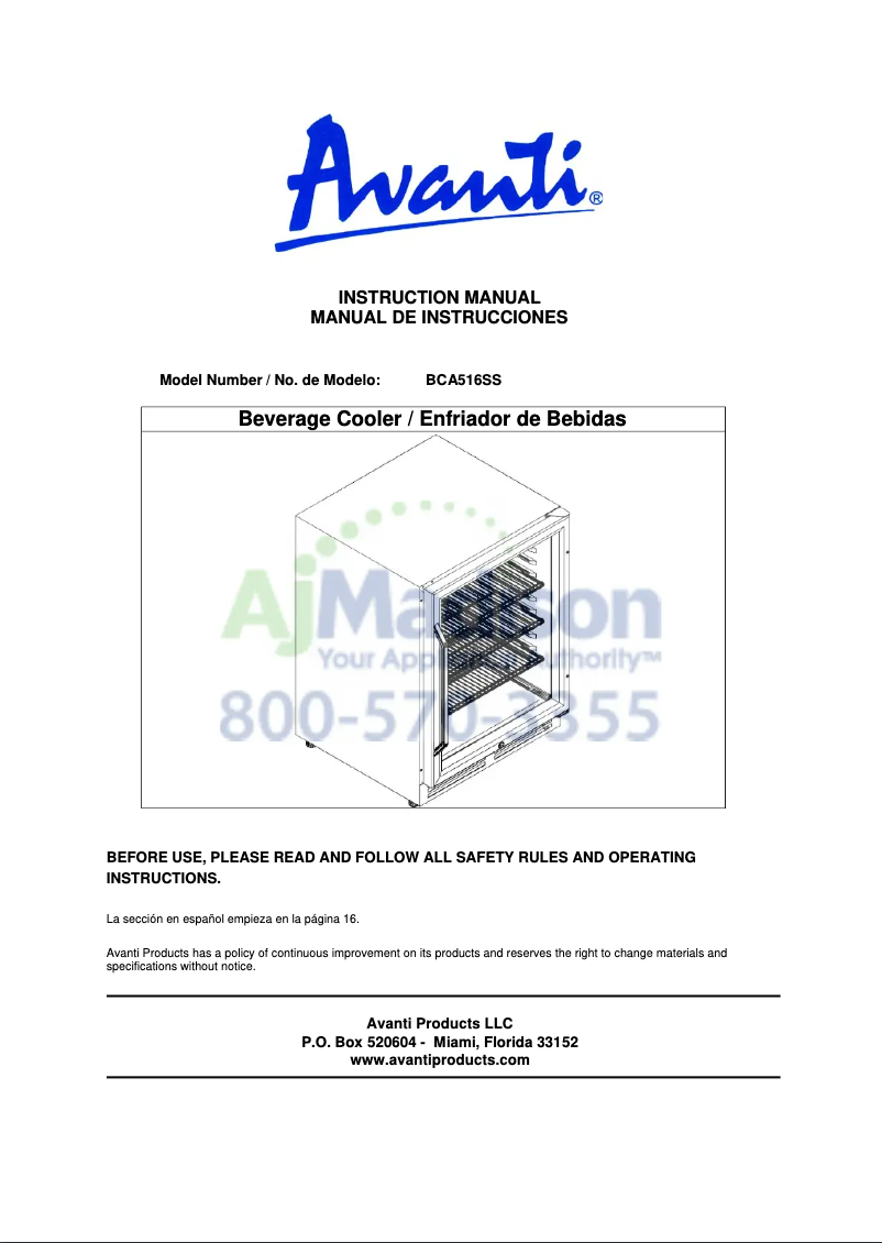 Page 1 de la notice Manuel utilisateur Avanti BCA516SS